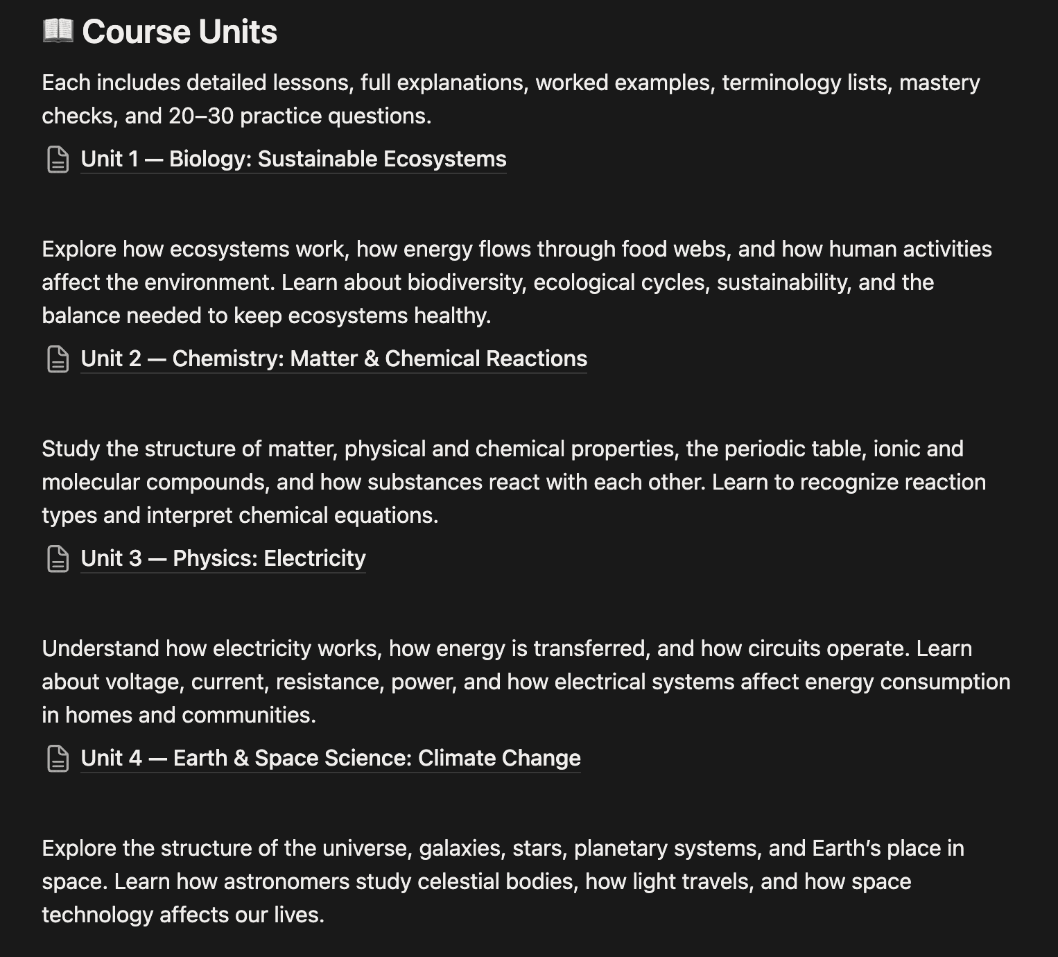 Course Units - Detailed lessons with explanations, examples, and practice questions